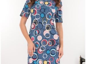 Rochie midi albastra cu print geometric multicolor