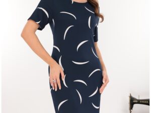 Rochie midi bleumarin cu print abstract alb