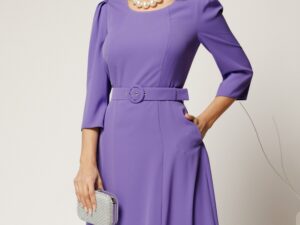 Rochie midi lila din triplu voal cu croi clos si curea in talie