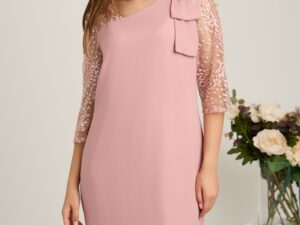 Rochie midi roz din voal cu croi drept si glitter pe maneci- Viada