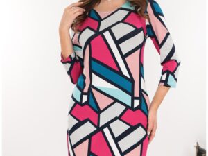Rochie office cu imprimeu geometric roz-gri