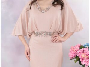 Rochie roz-pudra de ocazie cu strasuri in talie si la decolteu