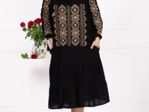 Rochie traditionala neagra Ilaria cu broderie traditionala bej