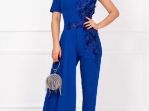 Salopeta eleganta albastru royal cu trena si flori 3D