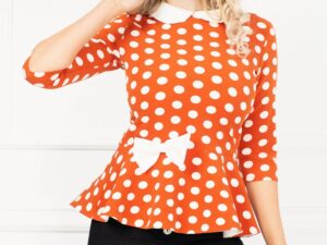Bluza InPuff caramizie cu buline si peplum cu funda ecru in talie