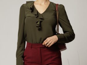 Bluza DY Fashion kaki din voal plin cu decolteu in V si volanas