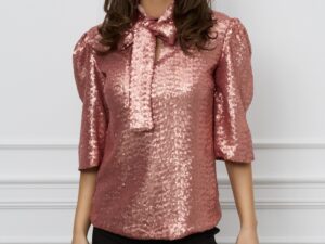 Bluza Dy Fashion rose din paiete cu funda la guler