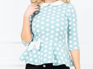 Bluza InPuff turquoise cu buline si peplum cu funda ecru in talie