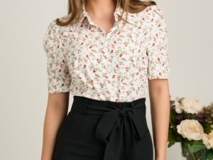 Camasa DY Fashion alba cu flori rosii din voal si maneci scurte