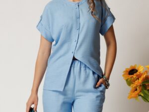 Camasa DY Fashion bleu din material vaporos cu croi drept si nasturi