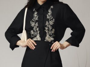 Camasa office din bumbac neagra cu broderie