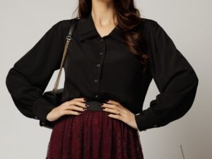 Camasa office din viscoza neagra cu nasturi perlati