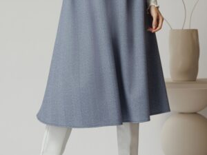 Fusta DY Fashion office din stofa albastra cu dungi si nasturi pe talie