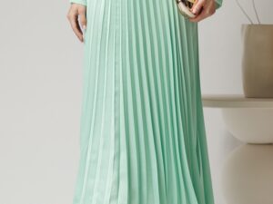 Fusta lunga din satin verde mint cu pliuri