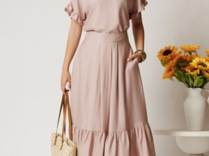 Fusta midi roz din rayon in clos cu volan la baza