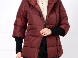 Geaca dama grena matlasata Anca cu mansete din tricot si gluga