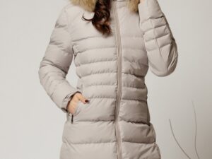 Geaca dama midi gri deschis din fas cu gluga detasabila