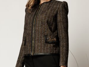 Jacheta DY Fashion eleganta din tweed negru cu maro
