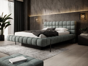 Pat tapitat cu somiera rabatabila si lada depozitare