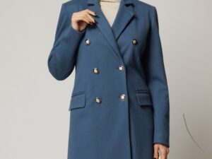 Palton DY Fashion elegant din stofa bleu cu doua randuri de nasturi