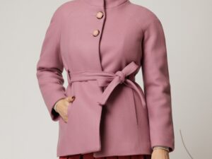 Palton scurt roze din stofa groasa cu cordon in talie