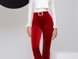 Pantaloni dama eleganti Fofy bordo din catifea cu catarama cu cristale