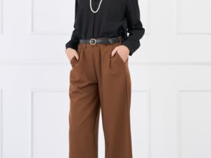 Pantaloni office din stofa maro cu elastic si curea in talie