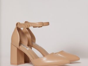 Pantofi eleganti beige din piele ecologica cu bareta