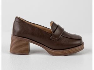 Pantofi loafer de piele ecologica cu toc - Maro inchis
