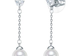 Cercei drop cu zirconia si perle - Argintiu