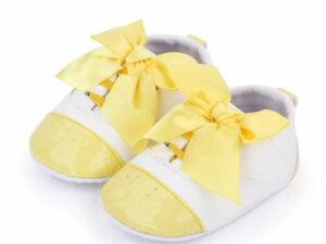 Pantofi  Cu Fundita - Elegant - Piele ecologica - Fete - Siret - Alb - Galben - 3-6 luni -