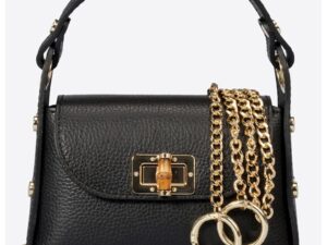 Geanta din piele cu maner - tinte si bareta detasabila din lant - Negru