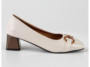 Pantofi de piele ecologica cu toc masiv - Alb optic/Bronz