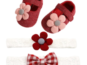 Set Pantofi Si Doua Bentite  Model Margareta Roz - Textil - Fete - Visiniu