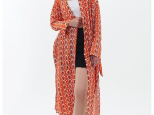 Chimono lung cu nasturi si model - Coral/Albastru prafuit/Alb murdar