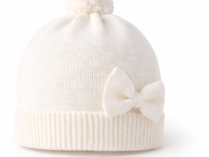 Caciula bebeluse  alba cu funda si pompon din bumbac si lana - Alb Natural - 9-12 LUNI