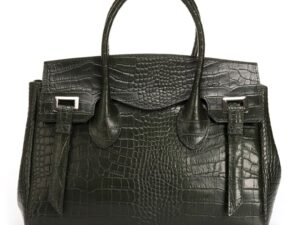 Geanta de piele cu bareta de umar si aspect piele de crocodil - Verde padure