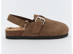 Papuci din piele intoarsa sintetica cu catarama si velcro - Maro inchis
