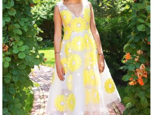 Rochie evazata cu broderie florala - Alb/Galben