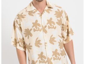 Camasa lejara cu imprimeu si revere - Alb/Galben pal/Kaki