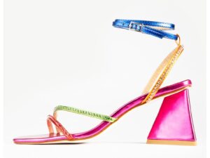 Sandale de piele ecologica cu toc si aspect metalic Sana - Turcoaz/Roz