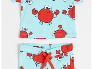 Set de tricou si pantaloni scurti cu imprimeu grafic - Rosu/Turcoaz