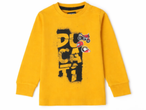 Tricou  pentru baieti bumbac interlock guler rotund imprimeu moto - galben mustar