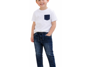 Blugi baieti iDO din bumbac elastic talie ajustabila cu snur albastru inchis