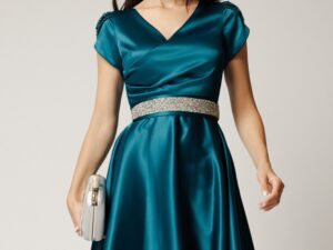 Rochie Amira midi verde petrol din tafta cu paiete pe maneci si cordon in talie