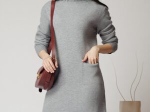 Rochie casual din tricot gri cu buzunare