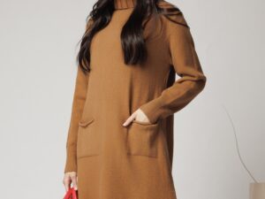 Rochie casual din tricot maro camel cu buzunare