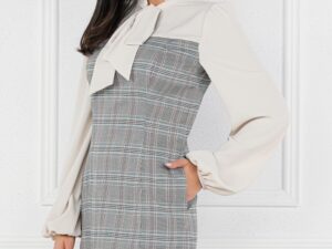 Rochie office din stiofa cu carouri si bust bej din voal