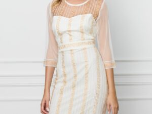 Rochie Dana alba din dantela cu broderie bej