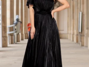 Rochie de seara lunga neagra Fiorella cu flore 3D pe umar